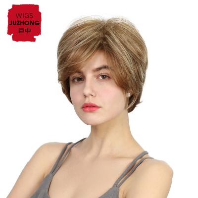 China JZW 2020 New Style Fashion High Density Short Natural Fluffy Oblique Bangs Golden Brown Mixed Color Hair Short Straight Wigs for sale