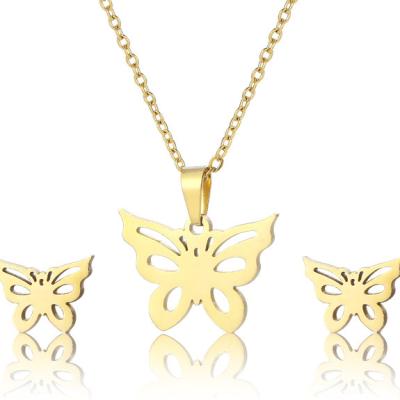 China Jewelry Set Jewerly Stainless Steel Jewelry Set Fashion Trendy Simple 18k Gold Plated Pendant Necklace And Hollow Butterfly Earrings for sale