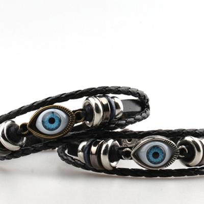 China Fashion Punk Couples Unisex Popular Leather Bracelet Evil Beads Eye Bracelet Blue Eye Bracelet for sale