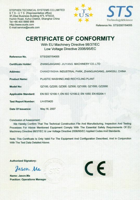 CE - Zhangjiagang Jiu Yang Machinery Co. LTD