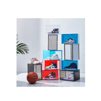 China Modern Clear Stackable Plastic Storage Boxes And Bins Rectangle Clear Color Front Drop Shoe Storage Case Sneaker Custom Container Box for sale