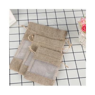 China Mini Small Simplicity Chinese Style Custom Canvas Drawstring Candy Jewelry Gift Bag With Visible Window for sale