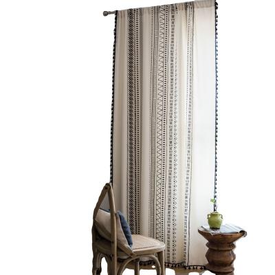 China Blackout Cotton And American Bohemian Black Ripple Printed Curtain Black Tassel Style Canvas Printed Curtain for sale