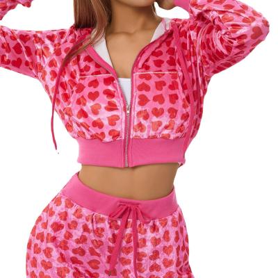 China Winter Zipper Velvet QUICK DRY Love Printing Hooded Tow Piece Set Women Corset Sweatsuit 2 Piece Sweater Set for sale