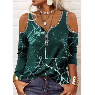 China 2021 Anti-Wrinkle Long Sleeve Printed Split Off The Shoulder Short Blouse Tops Women Plus Size T-shirts Women for sale