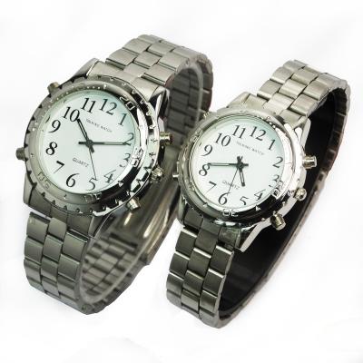 China Low Moq Premium Quality Lover's Silver Alloy Alarm Watches Blind People English Talking Watch for sale