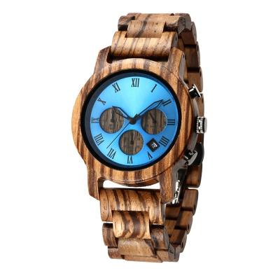 China Zebrano wood timer of the date watch men automatic calendar quartz movement light wood chronograph wristwatch Zebrano wood timer for sale