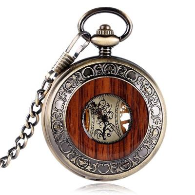 China Antique Vintage Classic Pocket Watch Wooden Hollow Copper Carve Mechanical Hand Winding Clock Relogio De Bolso for sale