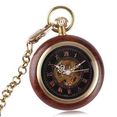 China Retro Pocket Watch Antique Wooden Mechanical Hand Winding Clock Hollow Skeleton Mens Thick FOB Necklace Pendant for sale