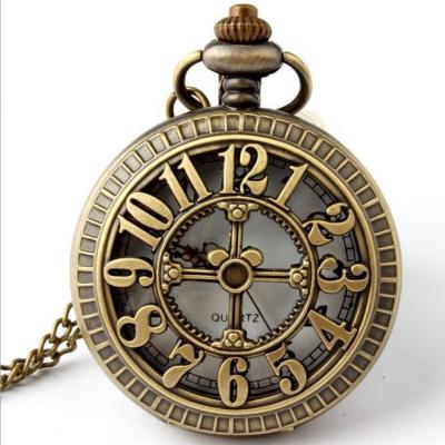 China Antique Bronze Antique Rome Number Hollow Quartz Pocket Watches Pendant Necklace Women Men Fashion Pendant Chain Watch FOB Gifts for sale