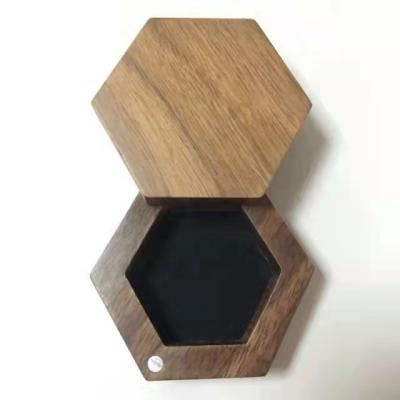 China Hexagonal Ring Packing Luxury Magnet Jewelry Wedding Ring Box Custom Logo Gift Packaging Wooden Box for sale