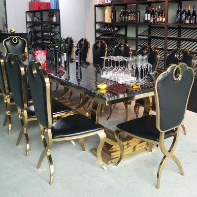 China Restaurant Furniture Set Luxury Traditional Elegant Table And Chair With Stainless Steel 8 Seater Black Gold Dining Table Set for sale