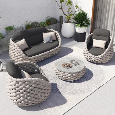 China Contemporary Hotel Commercial Outdoor Furniture Weaving Living Room-Set Waterproof Modular Fabric Sofa Set Rattan Garden Chairs for sale