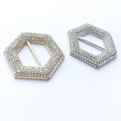 China Metal buckle gold and silver hexagon meal alloy buckles with full crystal and rhinestone for elastic coat belt dresses for sale