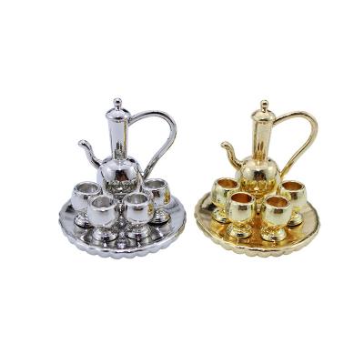 China Toy Dollhouse Electronic Steamer Miniature Metal Tea Set with Tray 6pcs Kitchenware for sale