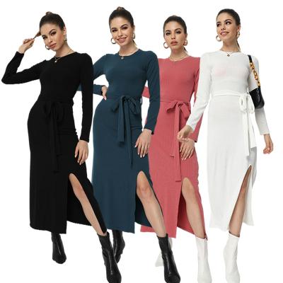 China Spring Woman Anti-Static Autumn Dress Elegant Solid Color Belts O-Neck Knitted Casual Dress Ladies Sweater Dress for sale