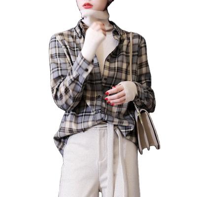 China New Hot Sale Anti-Wrinkle Spring British Style Blouse Elegant Lady Lapel Tops Women Latticeshirt Office Shirts for sale