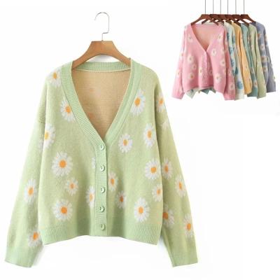 China Anti-Wrinkle Floral Print Cardigan Women Knitted Casual Vest Top Mujer Coat Jumper Loose Women Oversize Cardigan Long V-Neckline Sweater for sale