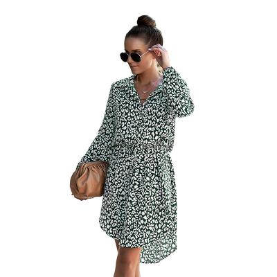 China 2022 New Arrival Anti-Static Spring Casual Turn Down Collar Printing Irregularity Knee Length Bandage Shirts Dress For Women for sale