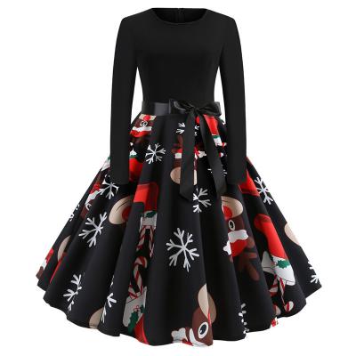 China Anti-Static Women Long Sleeve Dress Vintage Printing Vintage Dress Christmas Evening Party Costume Swing Dress for sale