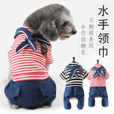 China Wholesale New Style Stocked Stain Autumn And Winter Pet Clothes Navy Sailor Collar Velvet Striped Quadruped Clothes for sale