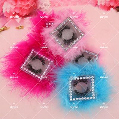 China Full Volume Mink Lashes Private Label Lick Box 3d Mink Lashes Wholesale Packaging With Blue Yellow Feather Pink Eyelash Hairy Fluffy Fluffy Case for sale