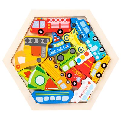 China Eductional Kid Toys Hot selling wooden hexagonal creative stereoscopic cartoon puzzle dinosaur cognitive children's early education puzzle toys for sale