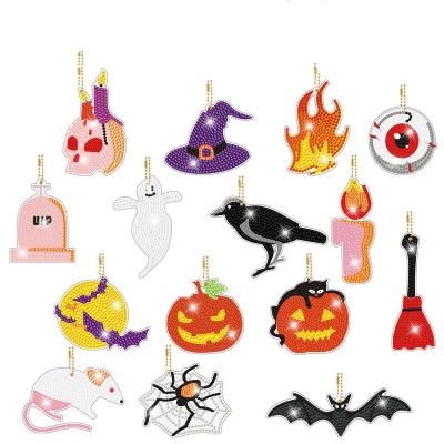 China Cartoon 15 Pcs 5D DIY Diamond Painting Halloween Keychain Keyring DIY Diamond Gem Key Rings for Halloween Decoration Kids Gift for sale