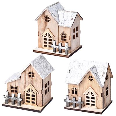 China New Indoor Christmas Cabin LED Small House Table Decorative Light Wooden Ornaments for sale