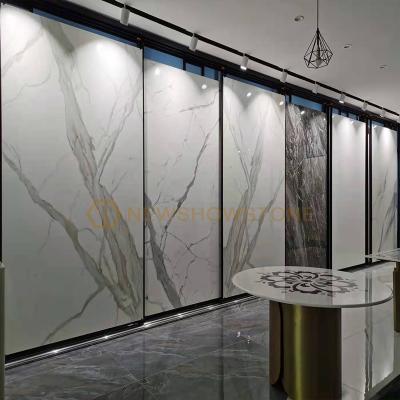 China Modern Extra White Artificial Nano Calacatta Gold Marble Glass Slab for sale