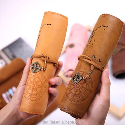 China Retro Cow Leather Pencil Case Durable Leather Pen Bag Compass Map Pirates Makeup Bag for sale