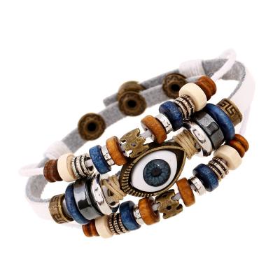 China New Fashion Punk Woman Eye Bangle Bohemian Tibetan Leather Evil Tie Wooden Bead Bracelets Boho Jewelry 2022 for sale