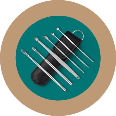 China PU+stainless steel 6 pcs / set Multifunctional Portable Ear Pick Stainless Steel Ear Pick Ear Spoon Spiral Wax Remover Removal With Case for sale