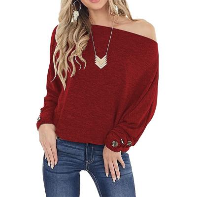 China Anti-Wrinkle 2021 Autumn/Winter Women Wear Button Line One Line Warm Solid Color Loose Long Sleeve T-shirt Top for sale