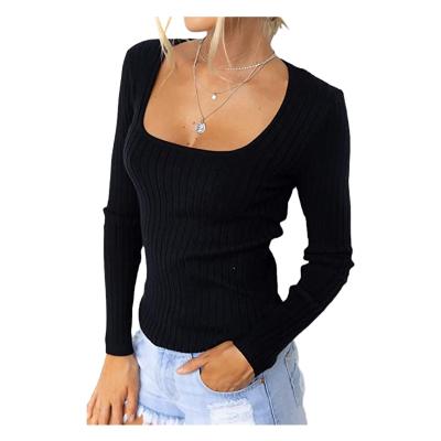 China Anti-wrinkle 2021 autumn/winter new women's clothing is a solid color knit thin top T-shirt square collar long sleeve for sale