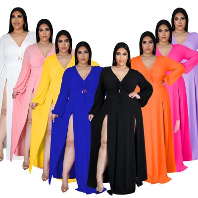 China Anti-wrinkle V-Neck Women's Party Dresses Solid Color Dress Adults XL-5 XL Female Skirts With Long Sleeve for sale