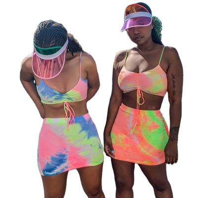 China Hot Sale Breathable Women Dyed Tie-Dye Casual Female Gym Clothes Girls Sportswear Adult Fitness Shirts And Skirts Two Piece Set for sale