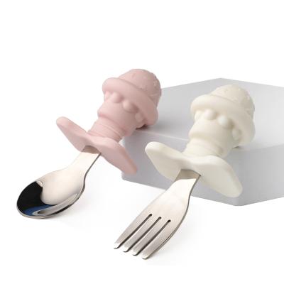 China Soft Toy Silicone Baby Feeding Spoon and Fork Set Kids Training Spoon Stainless Steel Spoon for sale