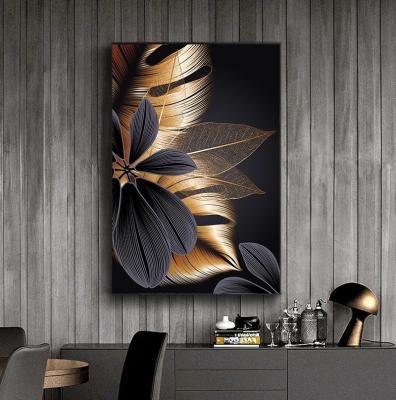 China Nordic Modern Art Painting Picture Black Golden Plant Leaf Canvas Poster Living Room Decoration Print Modern Abstract Wall Art Painting for sale