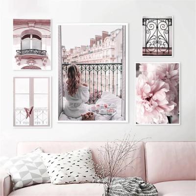 China Romantic Home Canvas Paintings Car Window Women Art Poster And Print Sexy Modern Fashion Decor Pink Peony Eiffel Tower Wall for sale