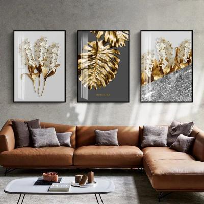 China Modern Nordic Gold Abstract Flower Leaf White Feather Flower Poster Print Wall Picture Black Canvas Painting For Living Room Decor for sale