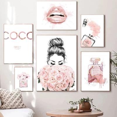 China Modern Nordic Girl Bedroom Decor Pink Fashion Posters Perfume Bottle Flowers Prints Wall Art Canvas Painting Pictures for sale