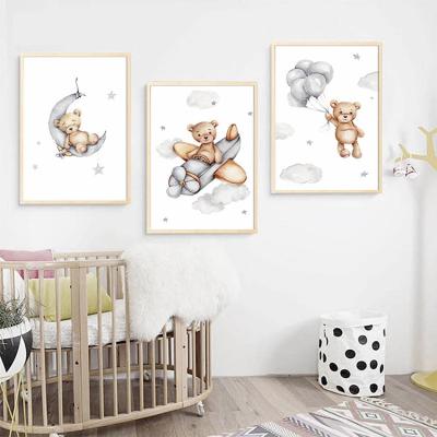 China Modern Nordic Balloon Bear Moon Balloon Bear Bedroom Decoration Modern Nordic Nursery Canvas Painting Nursery Kid Poster Picture Print Animal Wall Art for sale