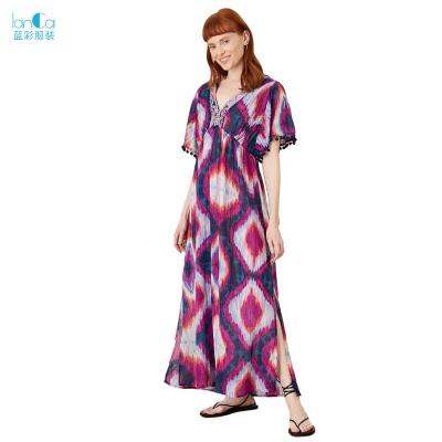 China 2022 Summer Fashion Anti-Static Side Split Long Casual Chiffon Custom Made Loose V-neck Printed Maxi Long Dresses Women Lady Elegant for sale