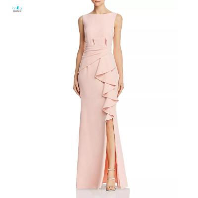 China Customized Anti-Static Fashion Round Neck Women Sleeveless Slit Elegant Asymmetrical Ruffle Sexy Slim Dress Dress for sale