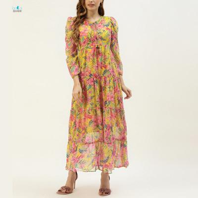 China 2022 Summer Pure Breathable Bohemian Floral Print Vintage Layered Pleated Women Dresses for sale