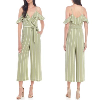 China Wholesale Breathable Striped Ruffle Neck Off Shoulder Fashion Clothing Summer Women Sexy Casual Overalls for sale