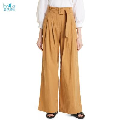 China Customized Simple Design QUICK DRY Women Solid Color Belted Wide Leg Pocket Pleated Ladies Casual Pants for sale