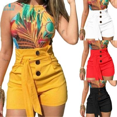 China Anti-wrinkle fashion hot elastic fit custom made solid color summer with belt buttoned summer nylon women's high waist shorts for sale