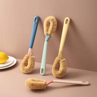 China Household Oil Handle Kitchen Cleaning Brush Color Contrast Dish Mane Wok Viable Kitchen Long Brush Nonstick Coconut Bristle Brush for sale